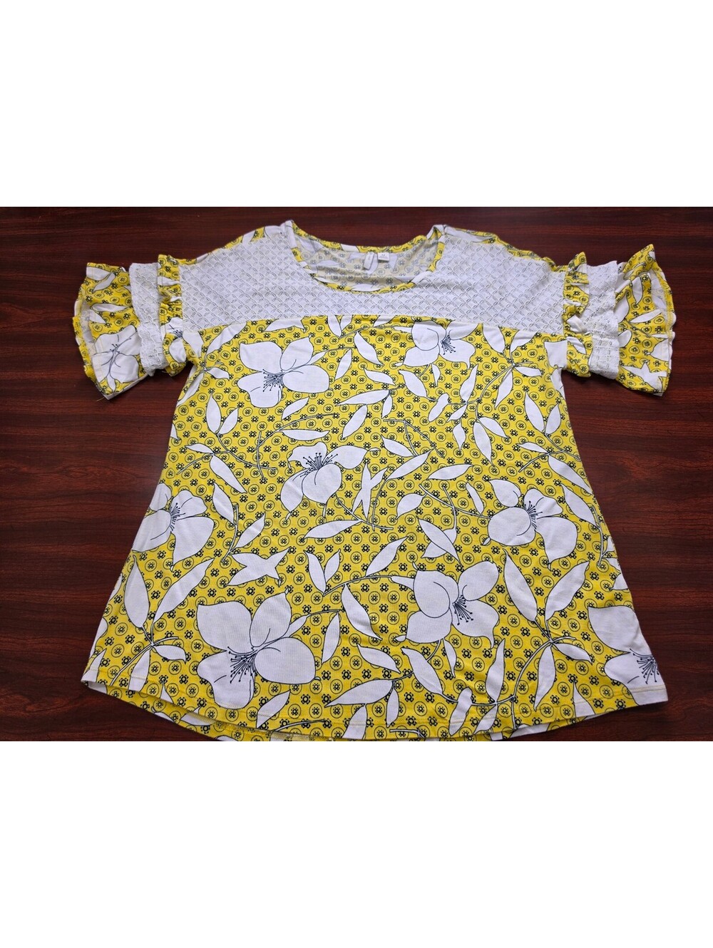 Cato Yellow Floral Medium Top Lace Ruffle Sleeve Blouse Boho Festival Casual